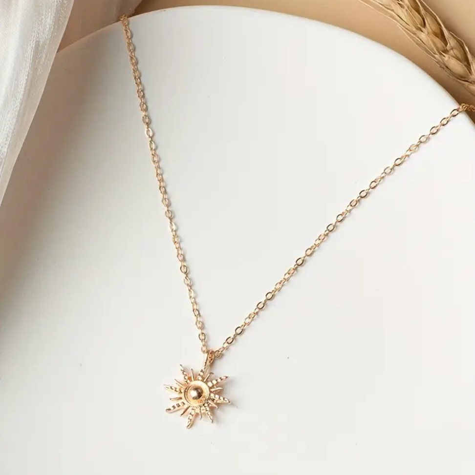 Sunburst Pendant Necklace, Simple Style Zinc Alloy 18K Gold Plated Charm, Elegant Sweater Chain Accessory