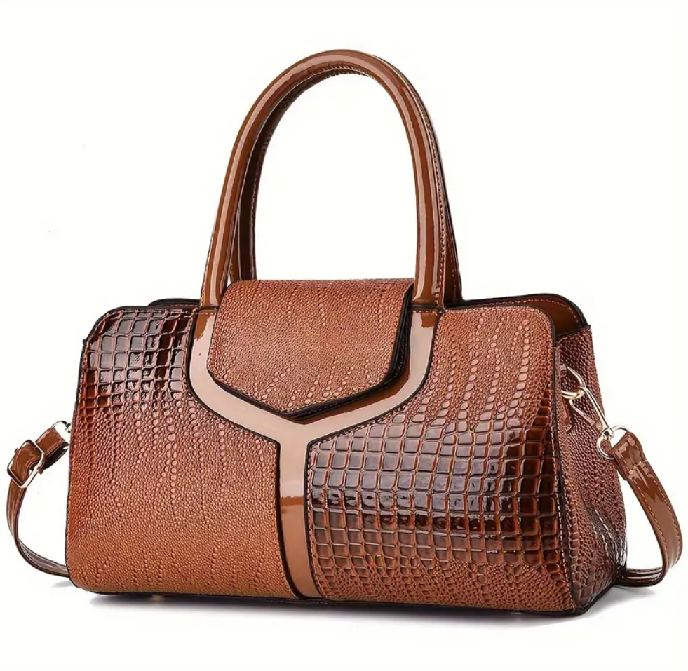 Vintage Crocodile Print Boston Bag For Women, PU Leather Shiny Shoulder Crossbody Handbag, Middle-Aged Elegant Purse