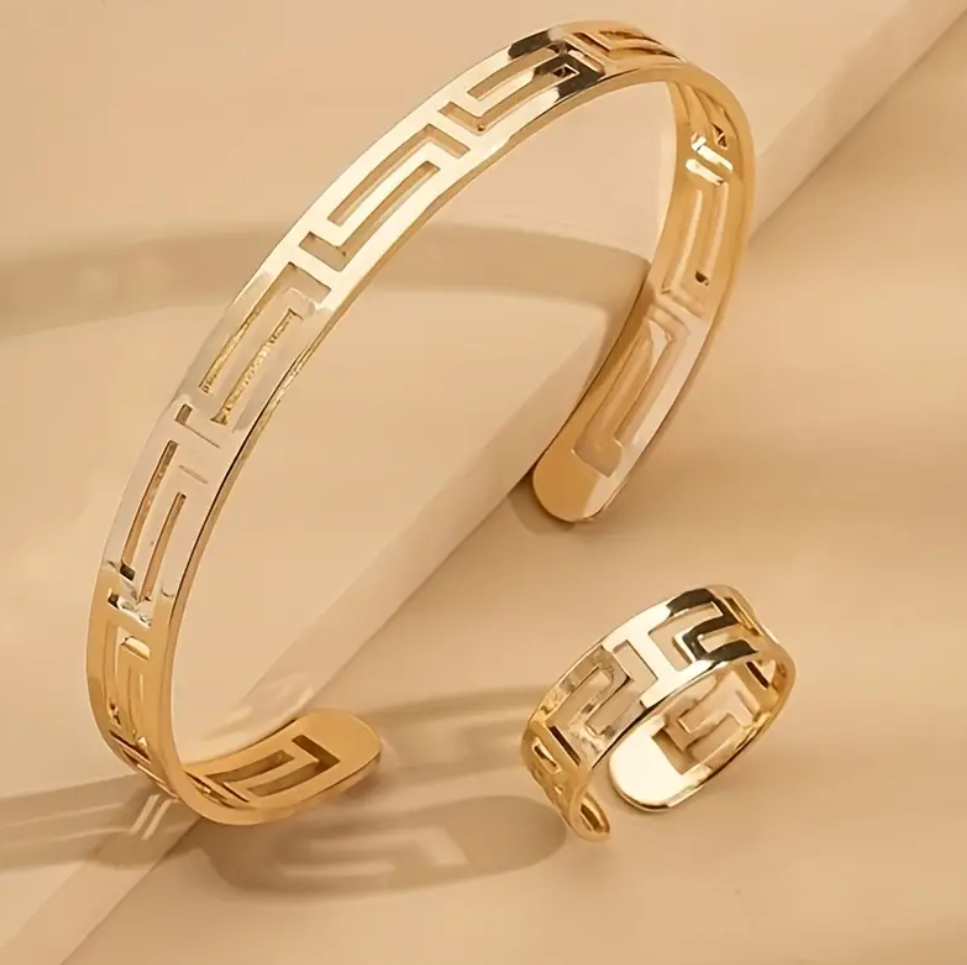 1 Bangle + 1 Ring Chic Jewelry Set Hollow Geometric Design Suitable For Men And Women Match Daily Outfits Party Accessories