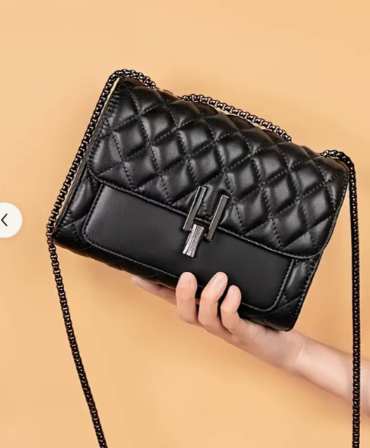 Women's Quilted Chain Crossbody Bag, Fashion Versatile Black Shoulder Purse With Geometric Rhombus Pattern