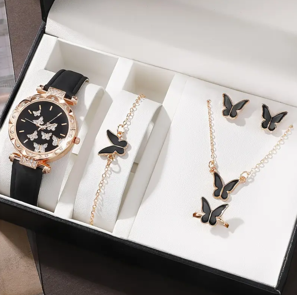 6pcs/set Women's Watch Elegant Butterfly Quartz Watch Luxury Rhinestone Analog Wrist Watch & Jewelry Set, Gift For Mom Her