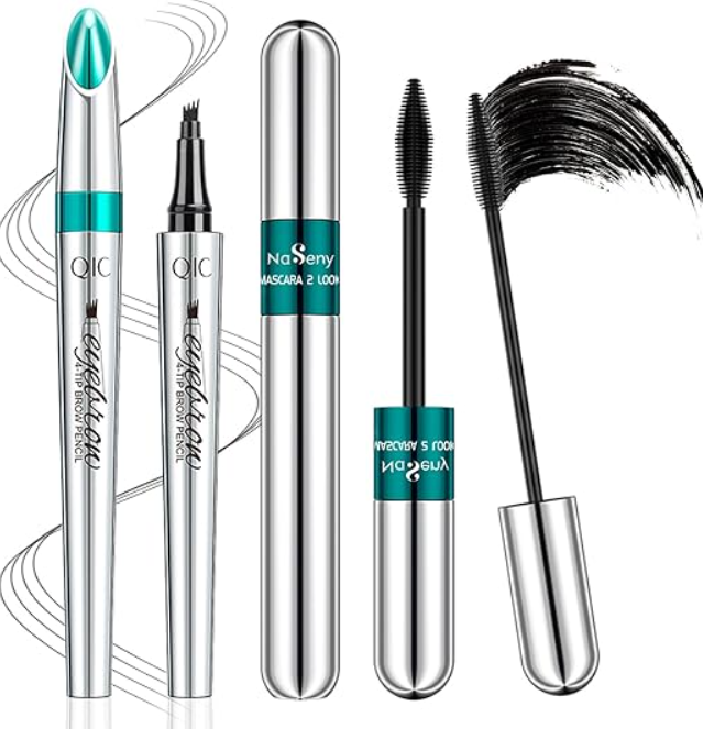 Nasini Vibeli Waterproof Mascara 5X Longer 2pcs, 2 in 1 Silk Fiber Mascara, Natural Thrive Cosmetics with Black Eyebrow Pencil, Long Lasting Charming Eye Makeup Kit