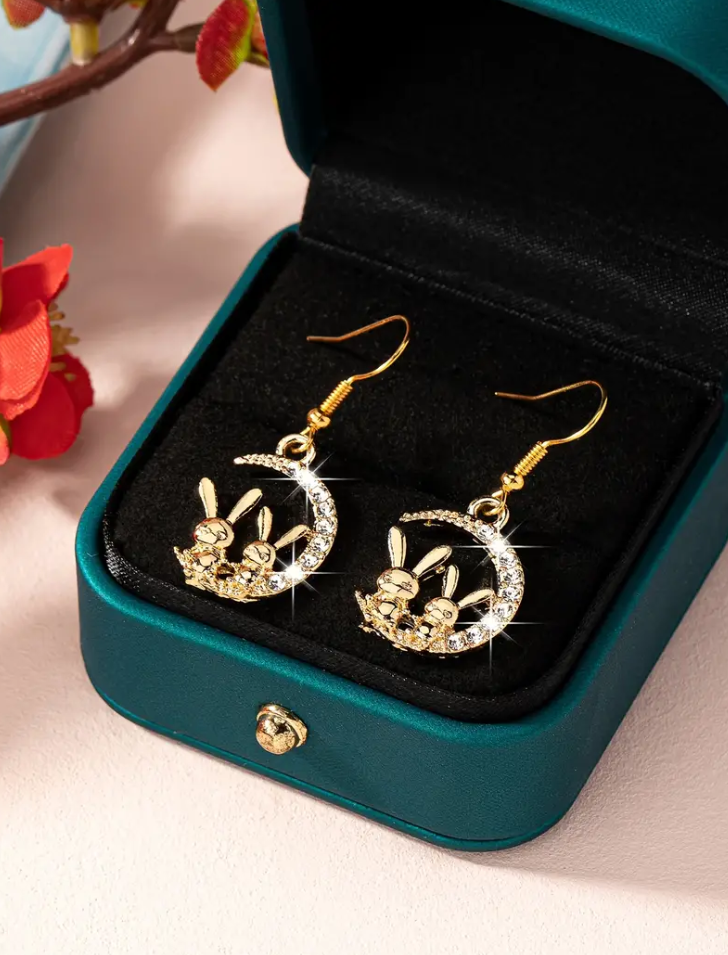 Little Rabbit Moon Dangle Earrings Embellished With Rhinestones Cute Sweet Style Party Earrings Daily Dating Wear Earrings