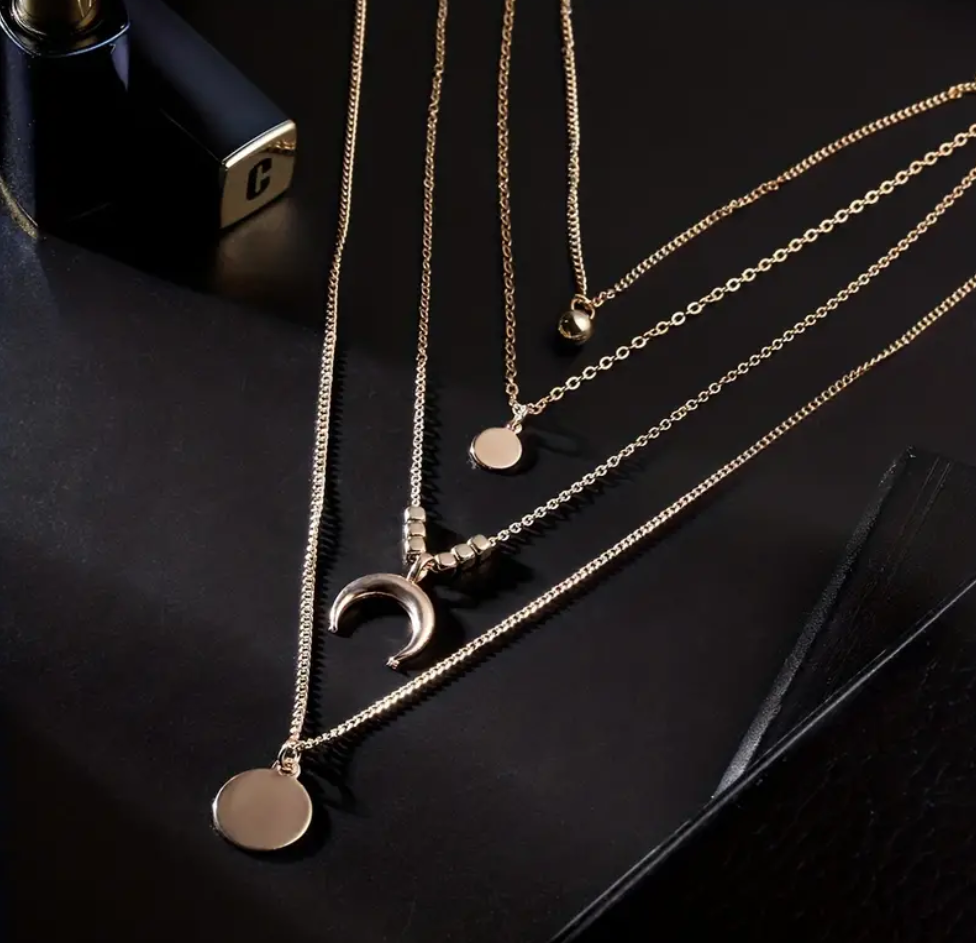 Women's Bohemian Style Moon Golden Silver Color Multilayer Pendant Necklace Jewelry