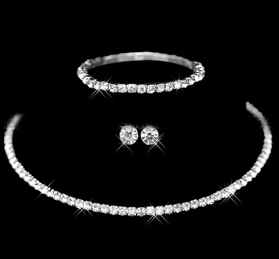 Crystal Bridal Jewelry Set Full Shiny Zircon Tennis Necklace & Stud Earrings & Tennis Bracelet Bridesmaid Gifts Fit With Wedding Dress