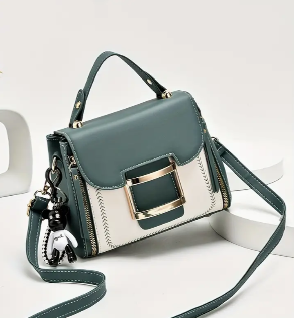 Fashion Color Contrast Handbag, Women's Buckle Decor Crossbody Bag, Elegant Top Handle Mini Square Purse