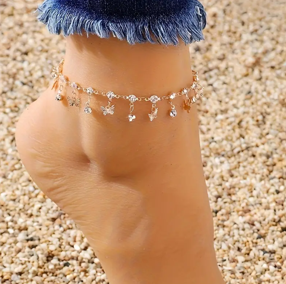 Mini Butterfly Tassel Pendant Thin Chain Anklet Inlaid White Rhinestone Geometric Foot Decoration