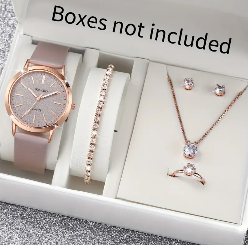 6pcs/set Women's Watch Shiny Fashion Quartz Watch Analog PU Leather Wrist Watch & Jewelry Set, Gift For Mom Her