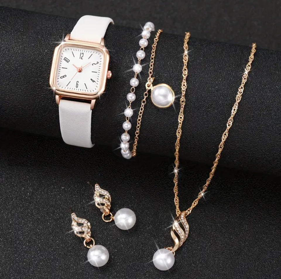 Square Elegant Quartz Watch For Women Pu Leather Wrist Watch Alloy Pointer With Jewelry Set For Gifts