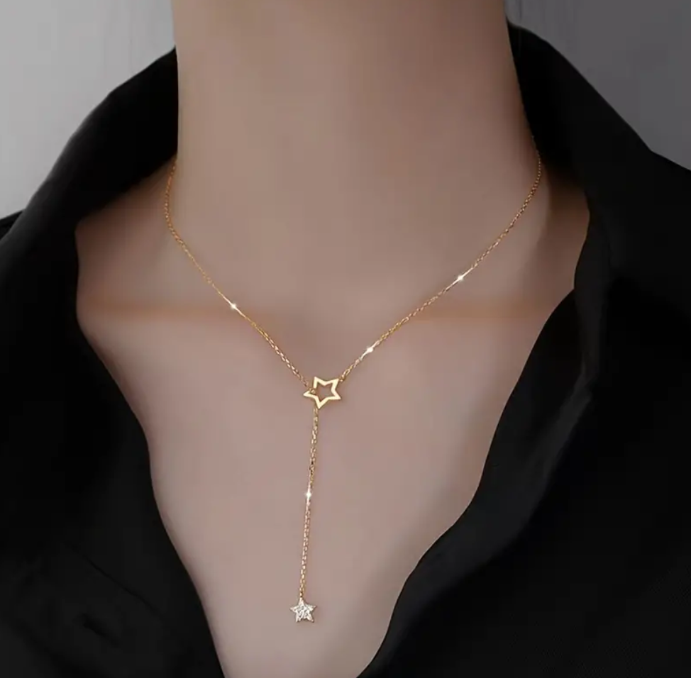 Trendy Luxurious Pentagram Pendant Necklace With Water Rhinestone, Simple Design, Tassel Alloy Collarbone Chain Suitable For Female To Wear