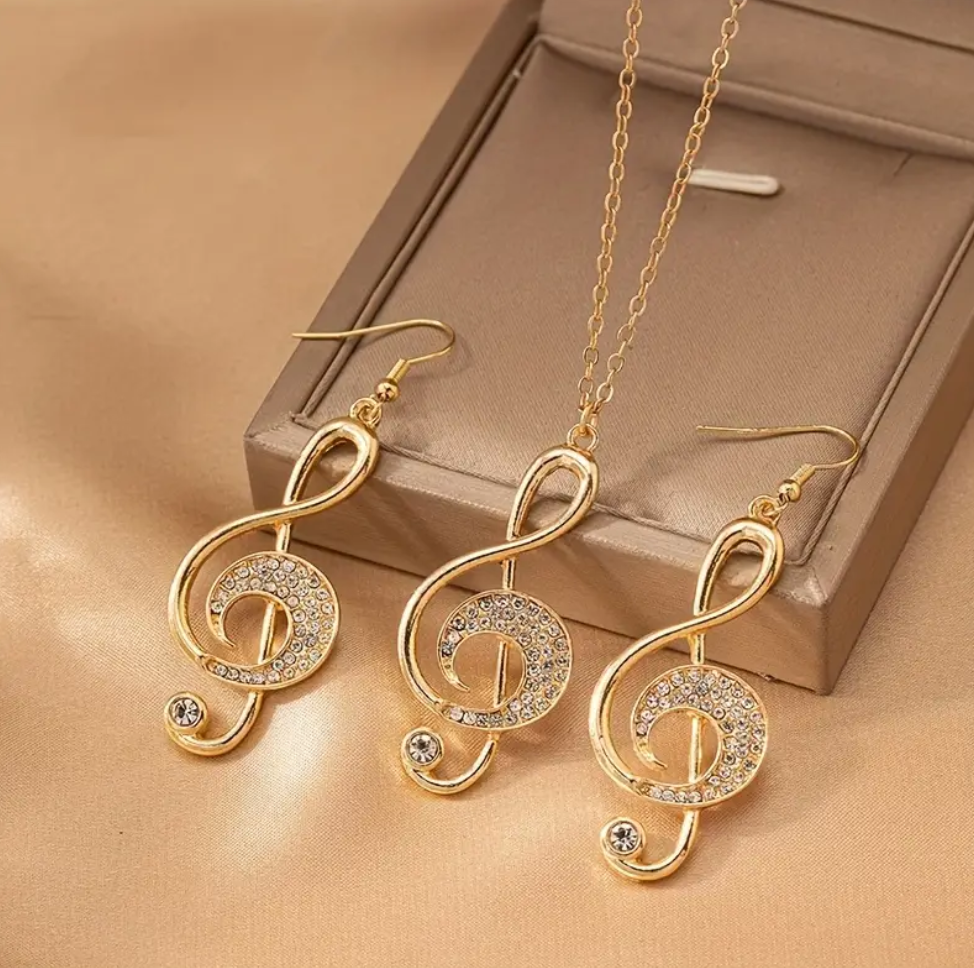 Golden Music Symbol Design Shiny Rhinestone Inlaid Dangle Earrings & Pendant Necklace Music Festival Earrings