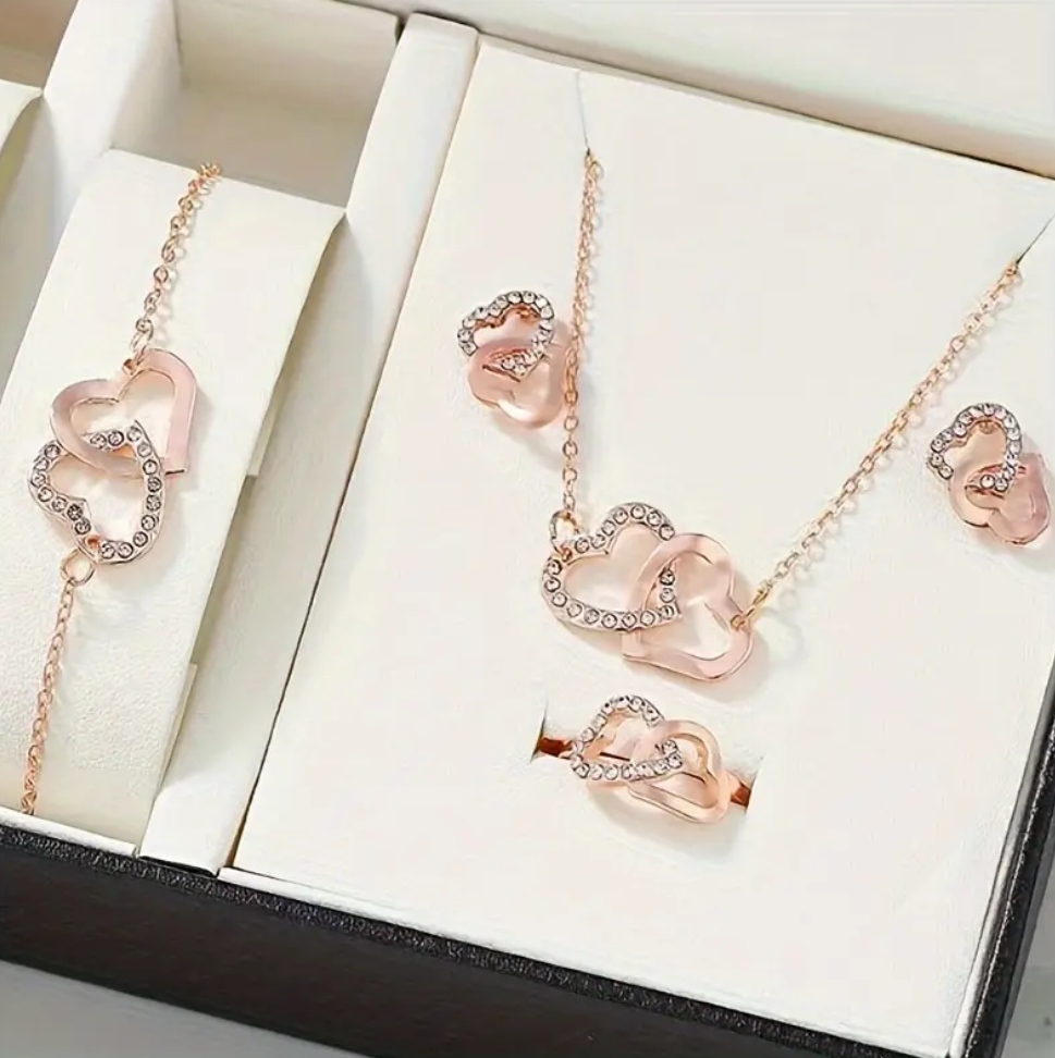 1 Pair Of Earrings + 1 Necklace + 1 Bracelet + 1 Ring Chic Jewelry Set Trendy Heart To Heart Design Silvery/ Golden/ Rose Golden Make Your Call