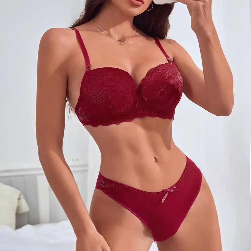 Hot Sale Custom Lingerie, Wine Red Color 2 Piece Lace Underwear Set Fashion Mature Woman Sexy Net Bra Panty Sets