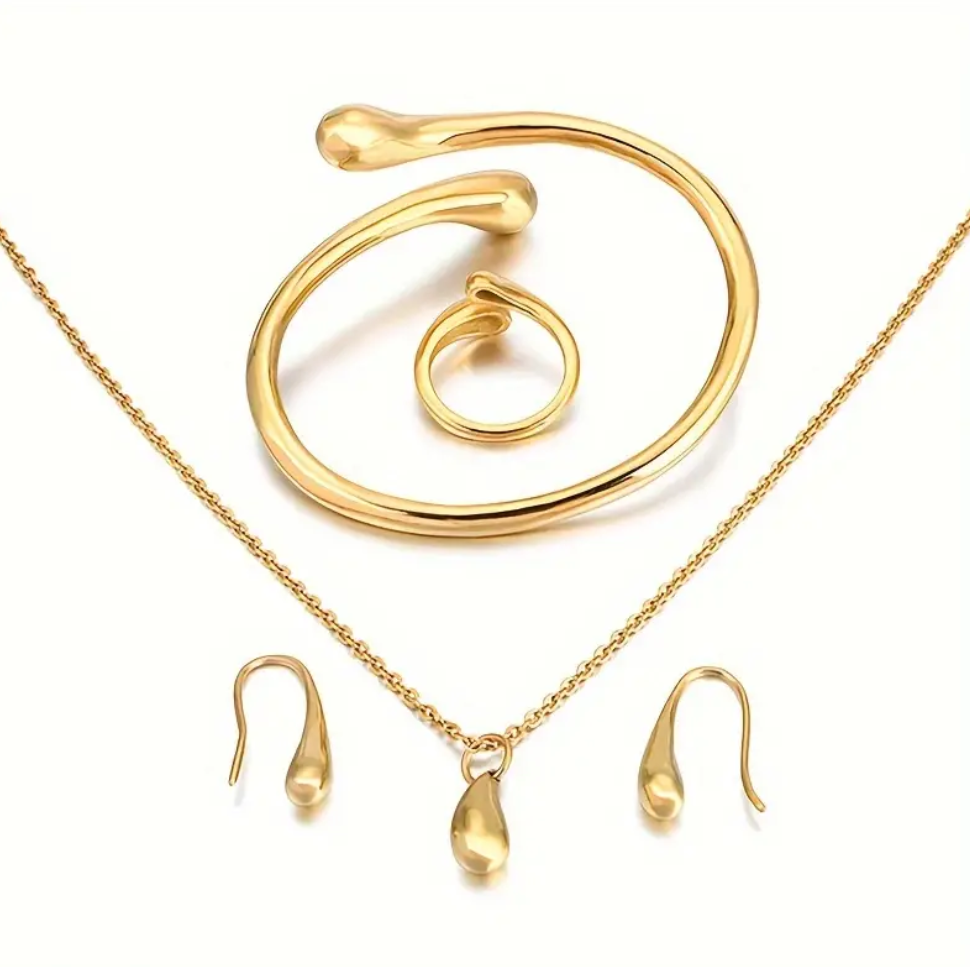 1 Pair Of Earrings + 1 Necklace + 1 Bangle + 1 Ring Minimalist Style Jewelry Set Silvery Or Golden Make Your Call Match Daily Outfits