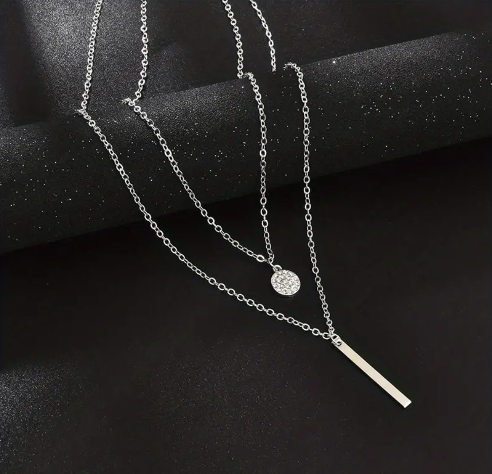 Geometric Shape Long Bar & Round Cut Rhinestones Double Layer Necklace Clavicle Chain Necklace