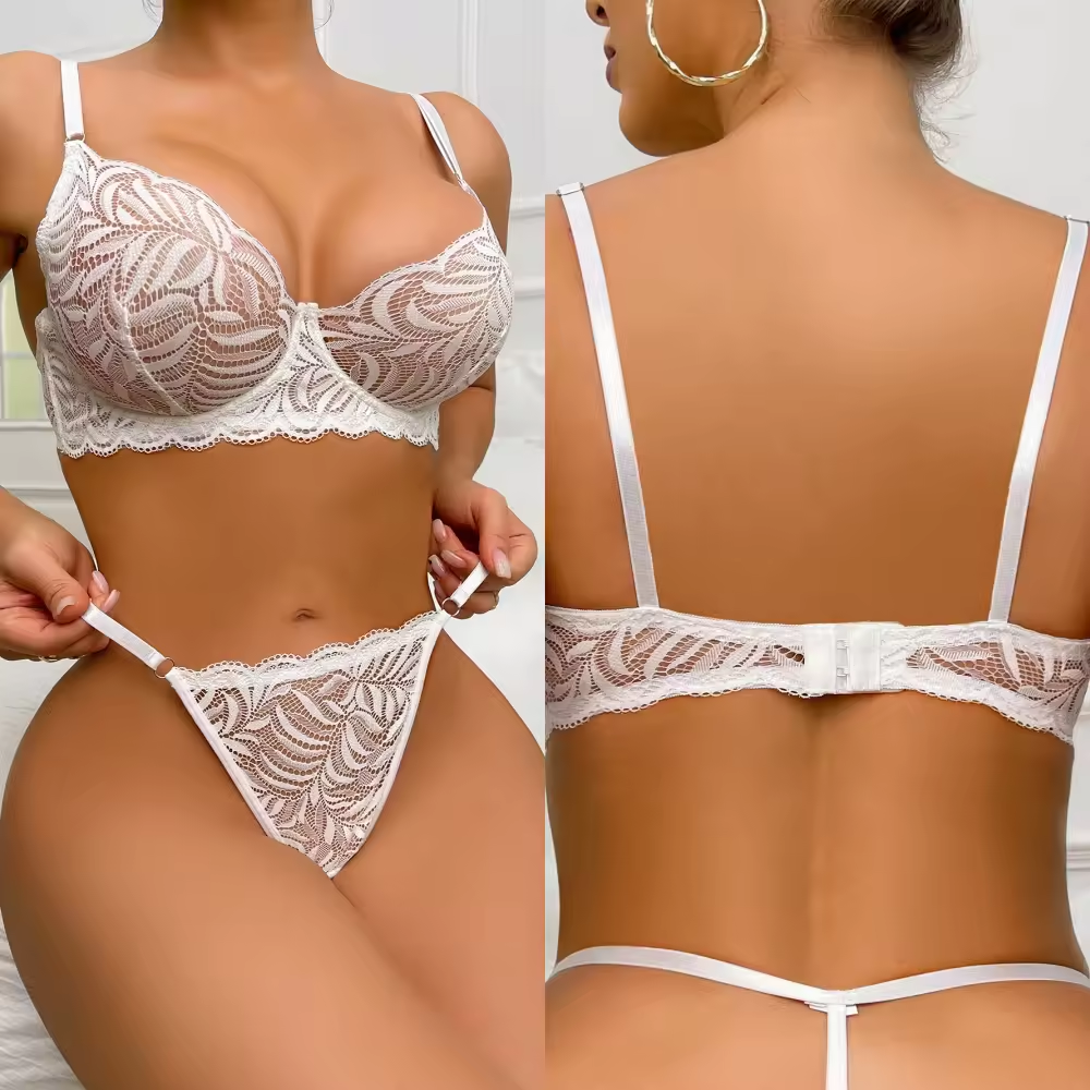 Sexy Customized White Lace See-Through Two Pieces Underwire Bra And Thong Set