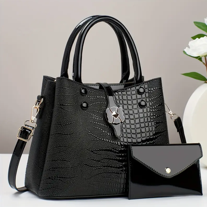 2pcs (black) Crocodile Pattern Handbag Set, Women's Tote Bag With Clutch Purse, Fashion Crossbody Bag